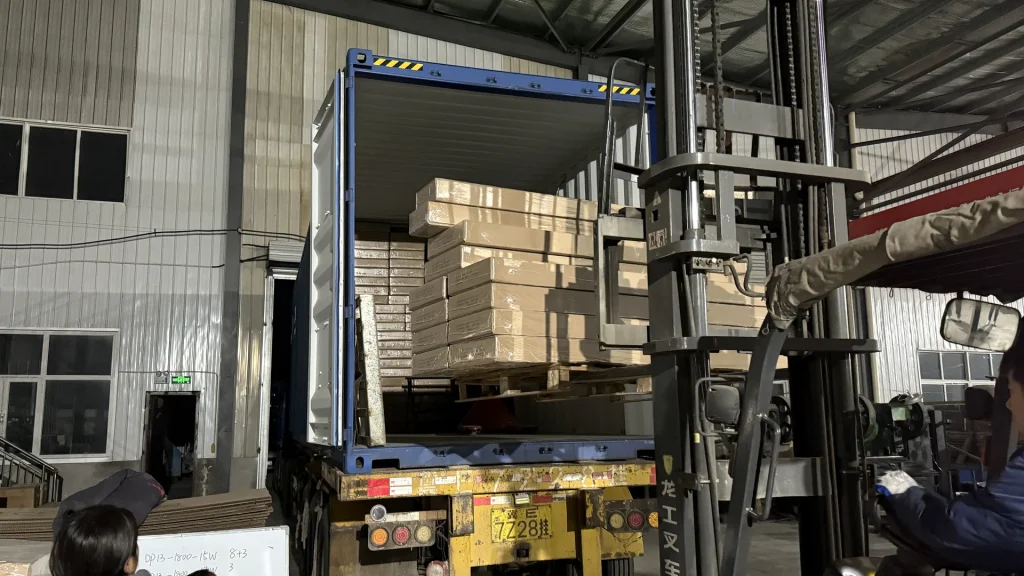 Radiator cartons loaded into an export container