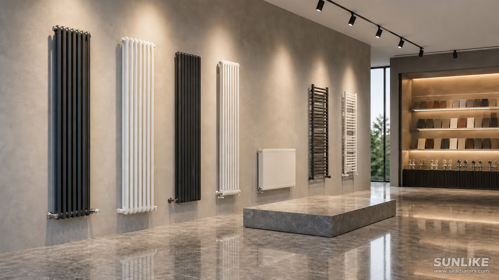 SUNLIKE vertical column radiators, panel radiator and towel warmers in a showroom